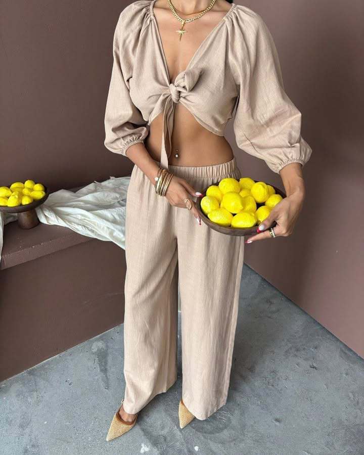 Dams elegant tvådelat set med knutoberdel och vida ben Mirla-Eva Jonsson