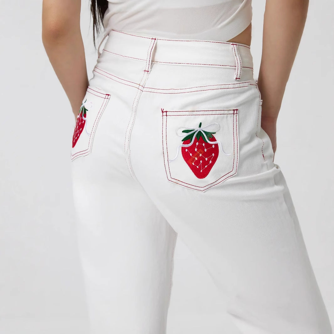 Dams eleganta jeans med fruktig broderi Mirla-Eva Jonsson