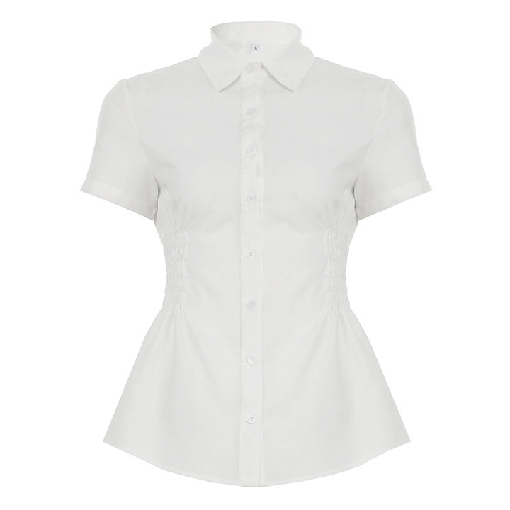 Dam's figure-hugging short-sleeved blouse with gathering and button placket Mirla-Eva Jonsson