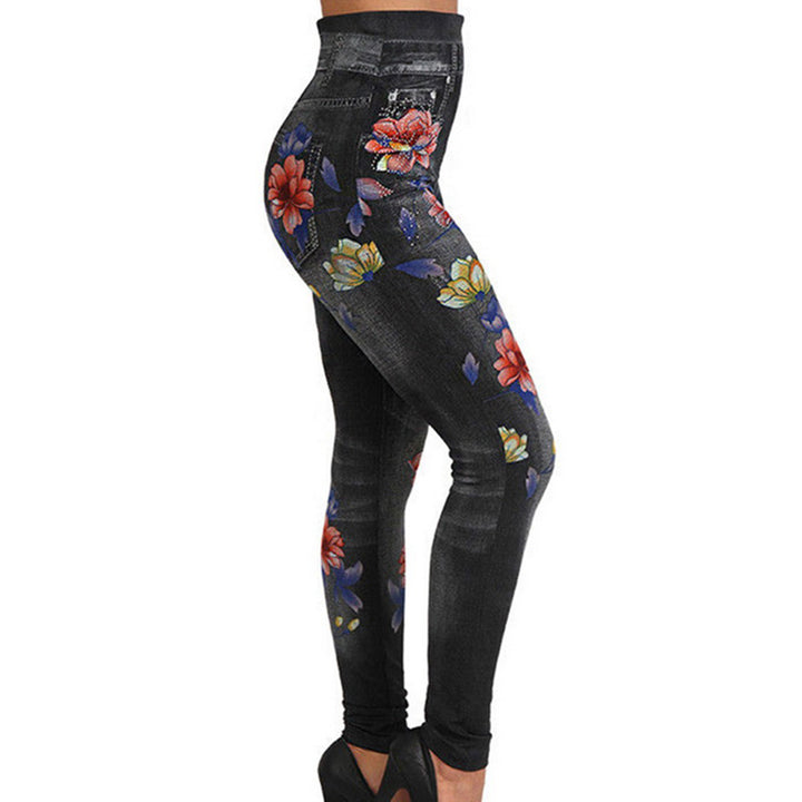 Dams högmidjade leggings i jeanstyg med blommotiv Eva Jonsson-Eva Jonsson