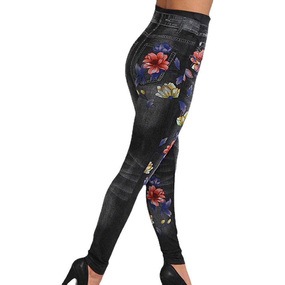 Dams högmidjade leggings i jeanstyg med blommotiv Eva Jonsson-Eva Jonsson