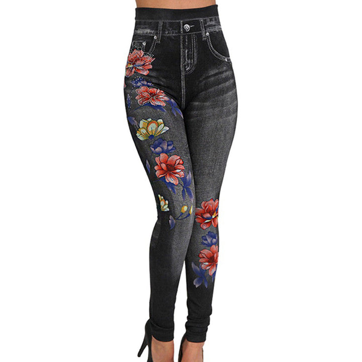 Dams högmidjade leggings i jeanstyg med blommotiv Eva Jonsson-Eva Jonsson