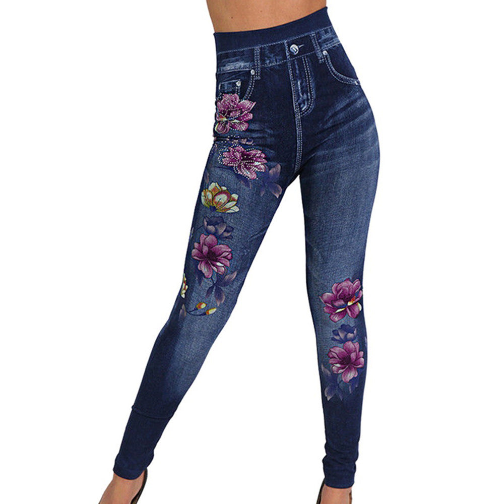 Dams högmidjade leggings i jeanstyg med blommotiv Eva Jonsson-Eva Jonsson