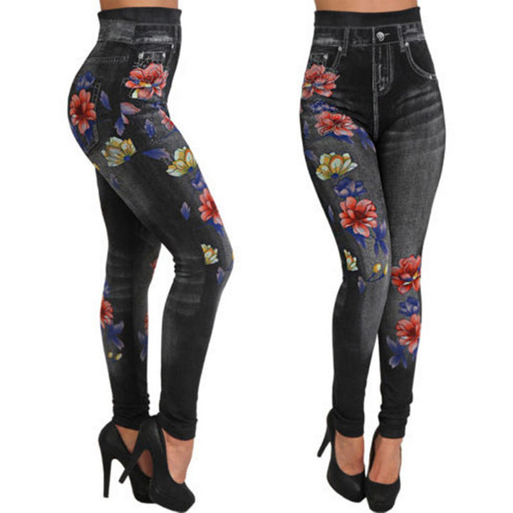 Dams högmidjade leggings i jeanstyg med blommotiv Eva Jonsson-Eva Jonsson