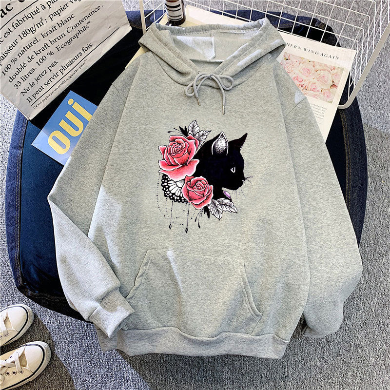 Dams hoodie med blommig kattdesign Mirla-Eva Jonsson