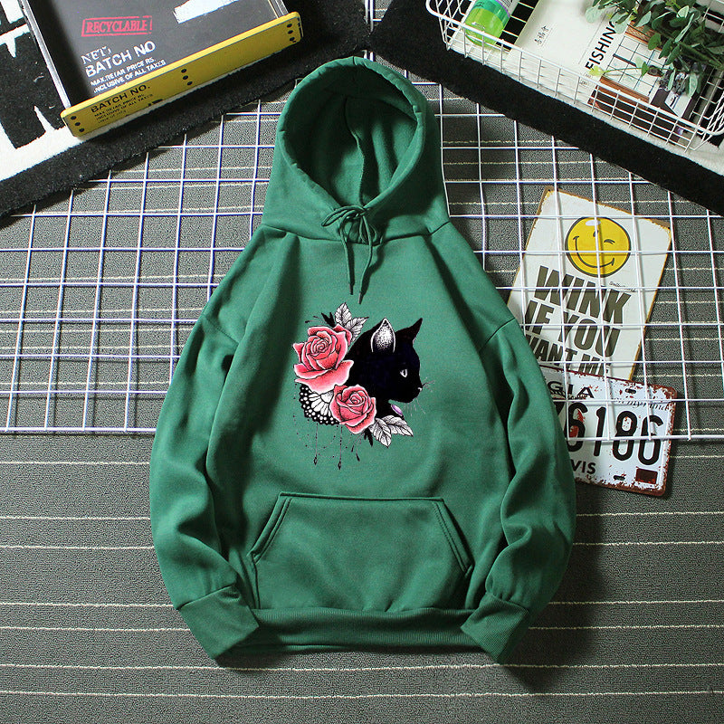 Dams hoodie med blommig kattdesign Mirla-Eva Jonsson