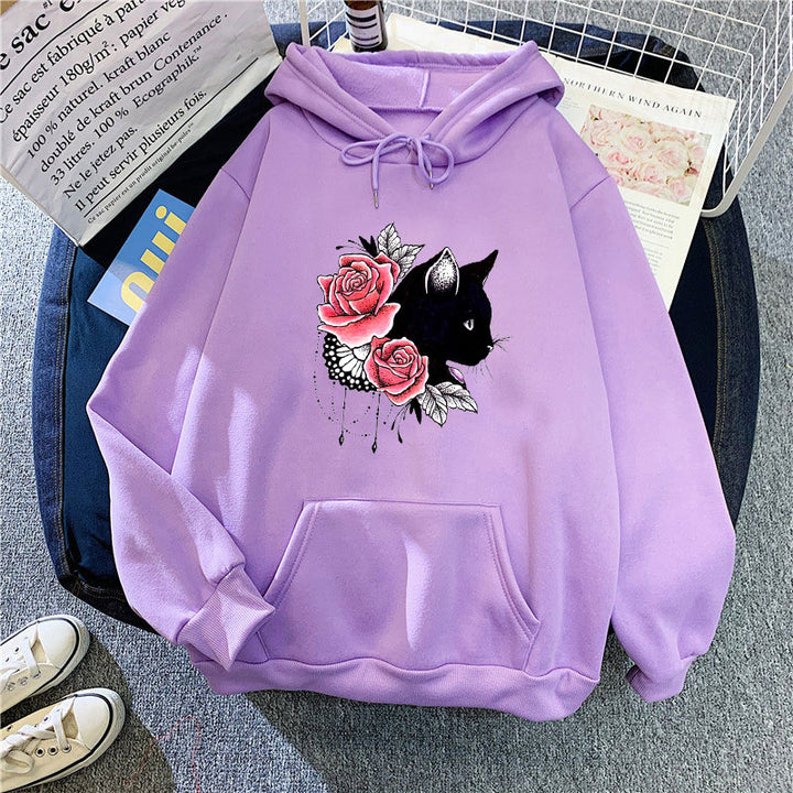 Dams hoodie med blommig kattdesign Mirla-Eva Jonsson