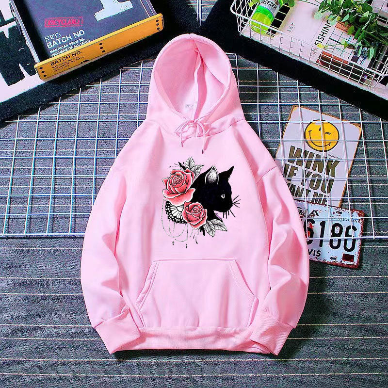 Dams hoodie med blommig kattdesign Mirla-Eva Jonsson