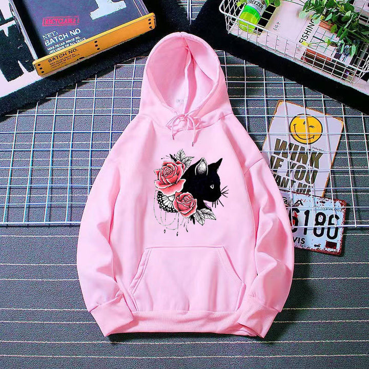 Dams hoodie med blommig kattdesign Mirla-Eva Jonsson