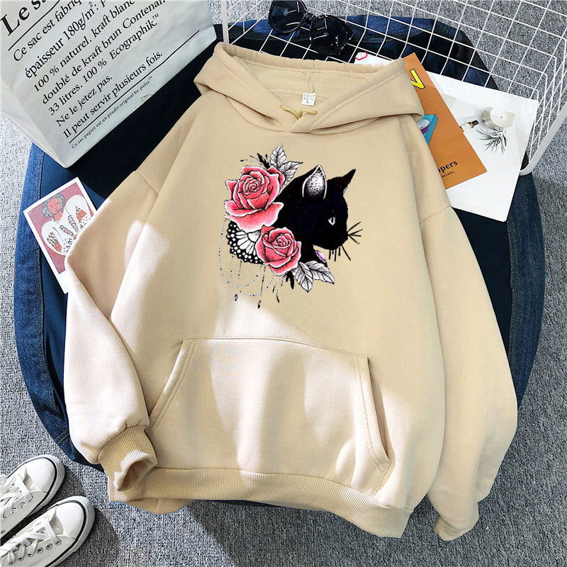 Dams hoodie med blommig kattdesign Mirla-Eva Jonsson