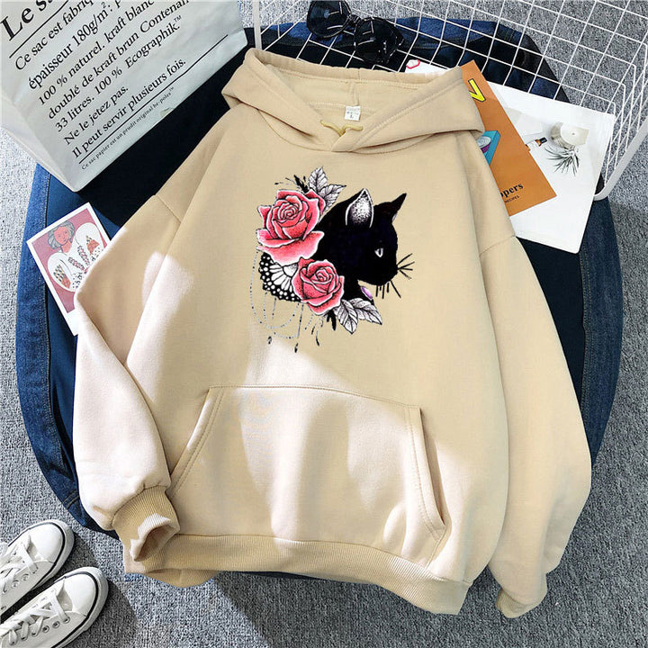 Dams hoodie med blommig kattdesign Mirla-Eva Jonsson