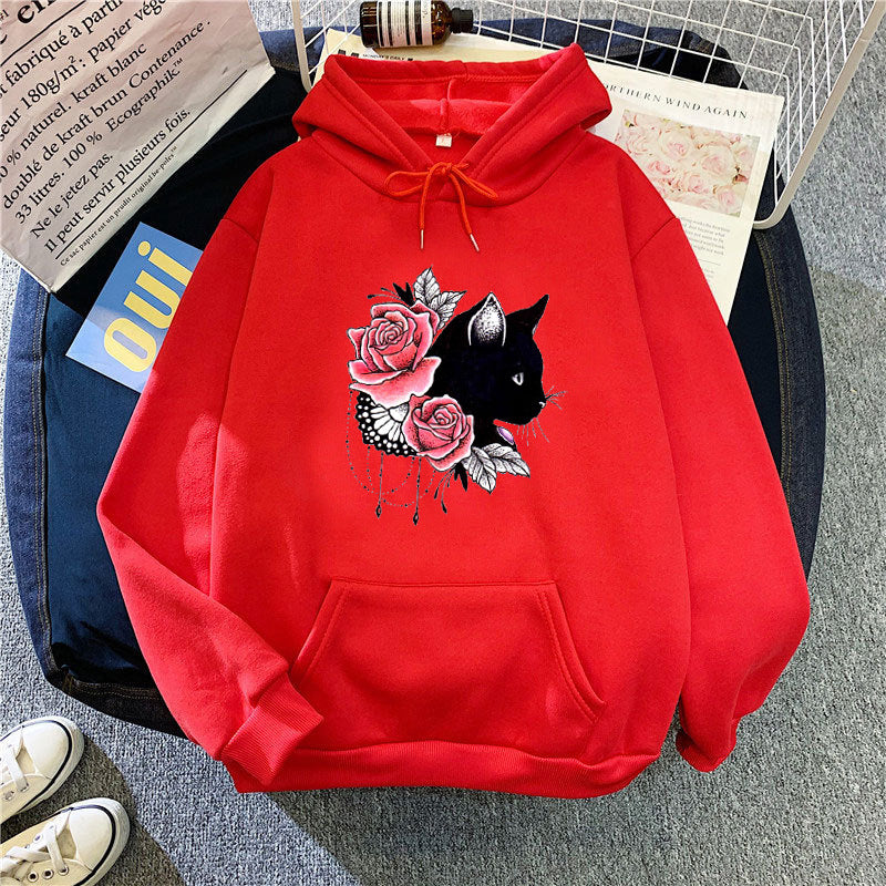 Dams hoodie med blommig kattdesign Mirla-Eva Jonsson