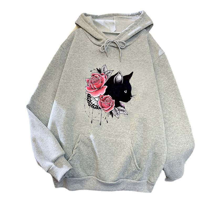 Dams hoodie med blommig kattdesign Mirla-Eva Jonsson