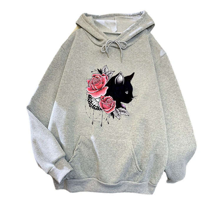 Dams hoodie med blommig kattdesign Mirla-Eva Jonsson