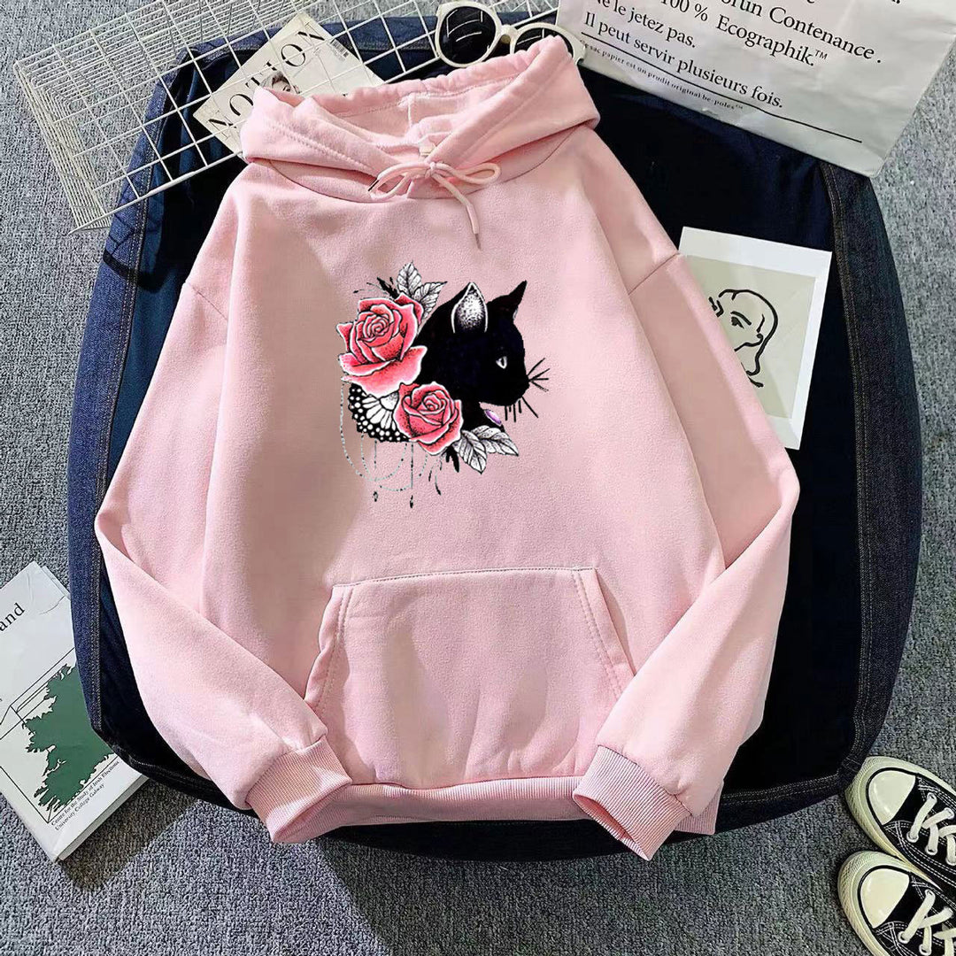 Dams hoodie med blommig kattdesign Mirla-Eva Jonsson