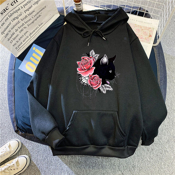 Dams hoodie med blommig kattdesign Mirla-Eva Jonsson
