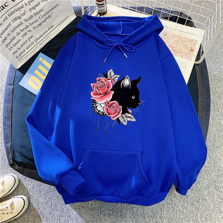 Dams hoodie med blommig kattdesign Mirla-Eva Jonsson