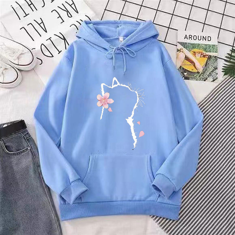 Dams hoodie med blommig kattdesign Mirla-Eva Jonsson
