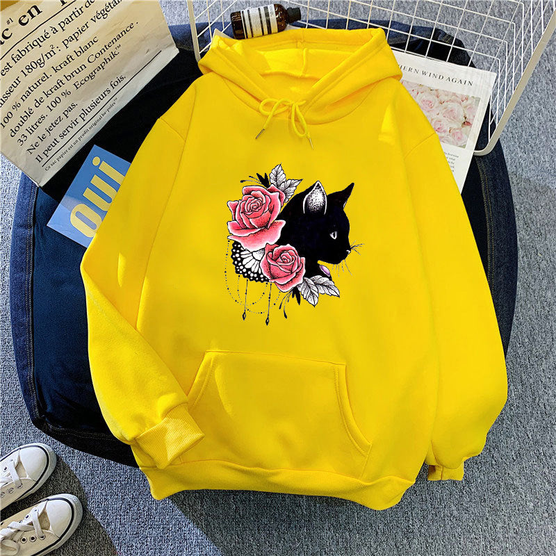 Dams hoodie med blommig kattdesign Mirla-Eva Jonsson