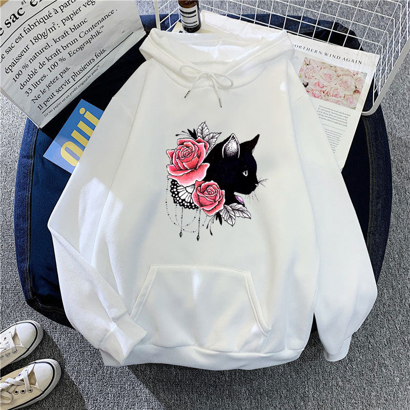 Dams hoodie med blommig kattdesign Mirla-Eva Jonsson