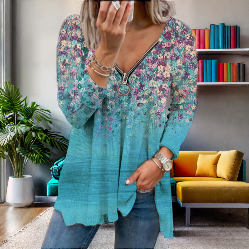 Dams långärmad tröja med färgglad blommönster och modern snodd Mirla-Eva Jonsson