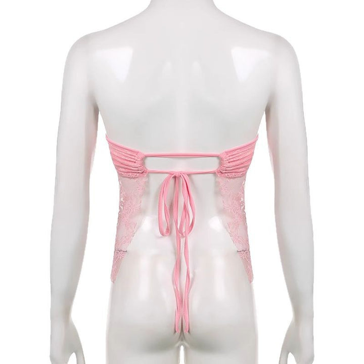 Dams spets-crop-top med elegant rynkning och transparenta detaljer Mirla-Eva Jonsson