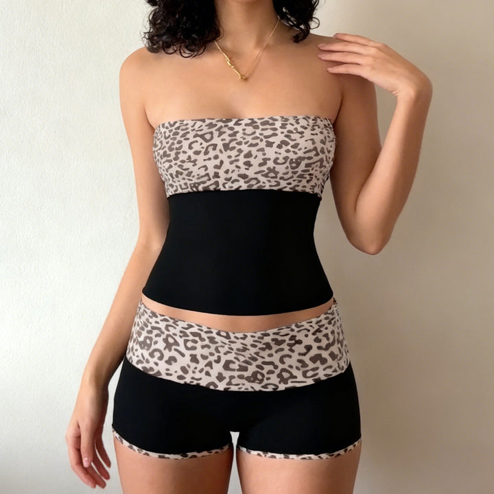 Dams sportigt crop-top och shorts-set i modernt leoprint Mirla-Eva Jonsson