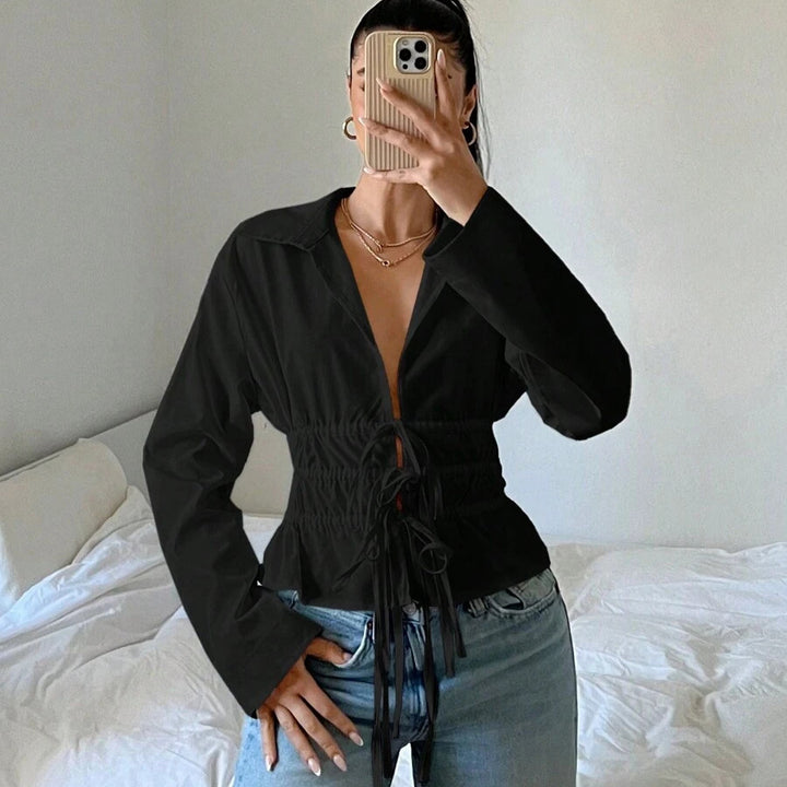 Dams zip-up blus med rynkning och långa ärmar Mirla-Eva Jonsson