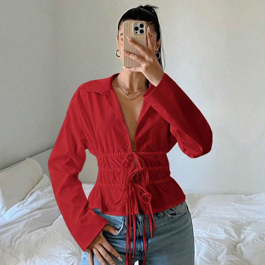 Dams zip-up blus med rynkning och långa ärmar Mirla-Eva Jonsson