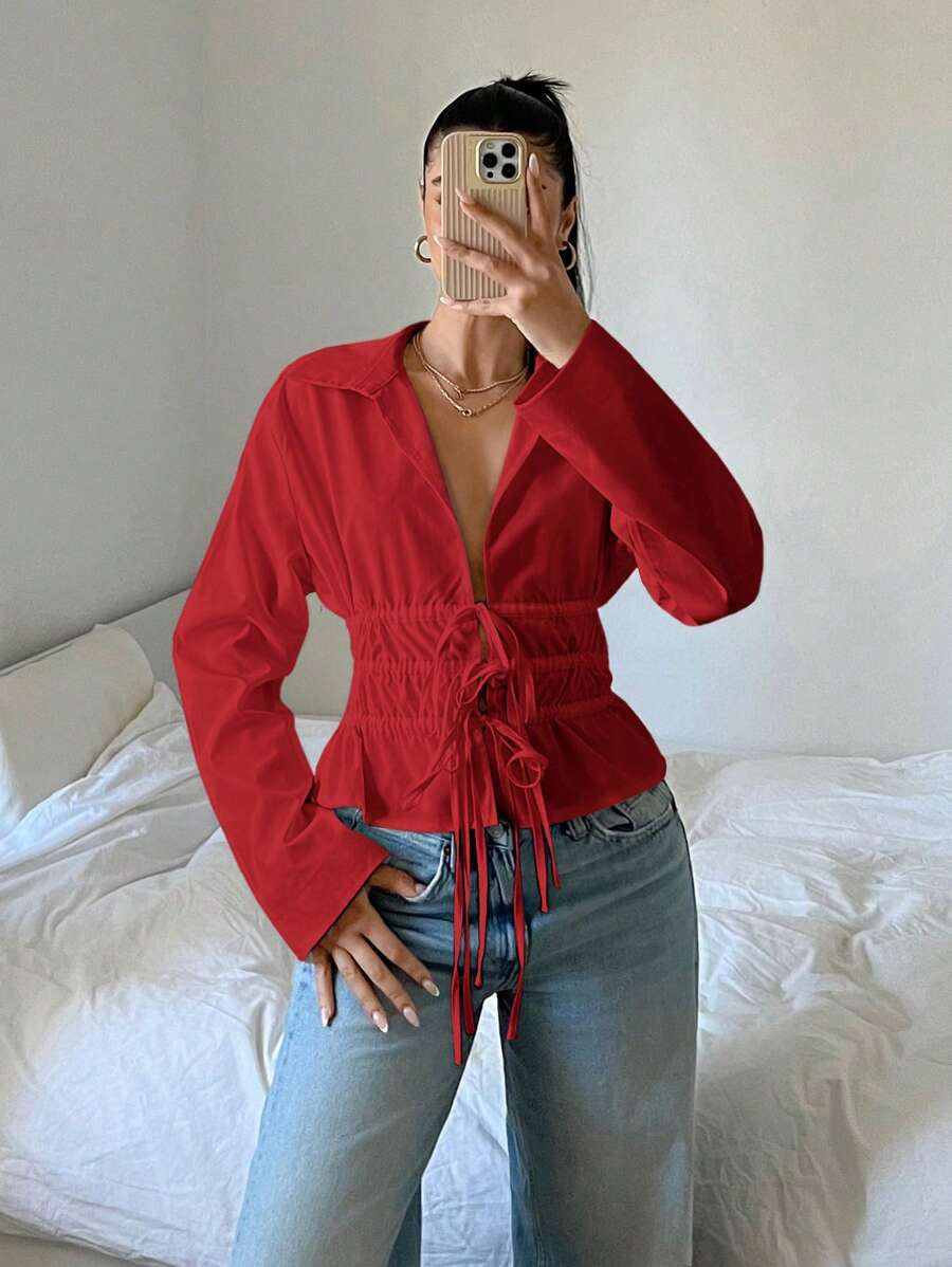 Dams zip-up blus med rynkning och långa ärmar Mirla-Eva Jonsson