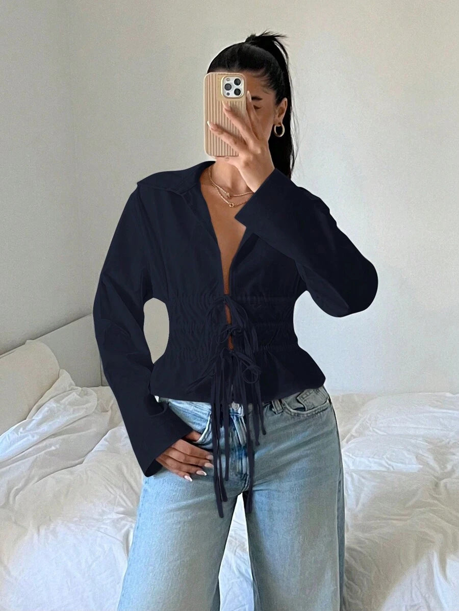 Dams zip-up blus med rynkning och långa ärmar Mirla-Eva Jonsson