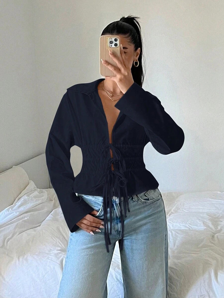 Dams zip-up blus med rynkning och långa ärmar Mirla-Eva Jonsson