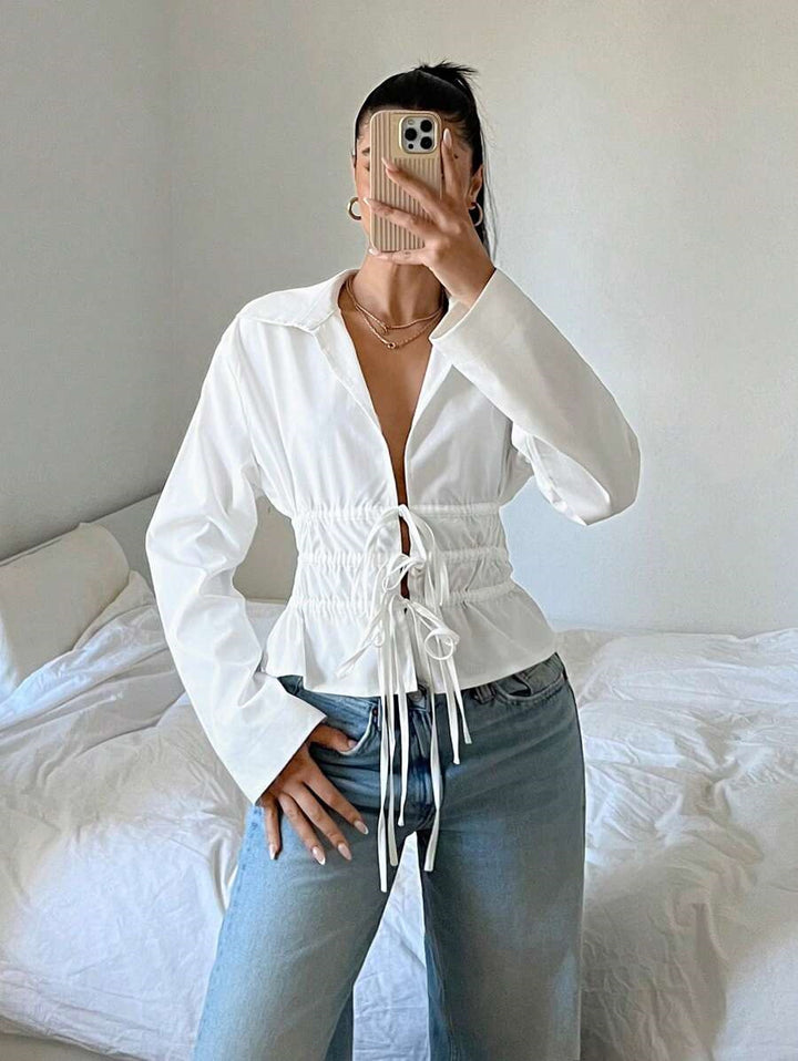 Dams zip-up blus med rynkning och långa ärmar Mirla-Eva Jonsson