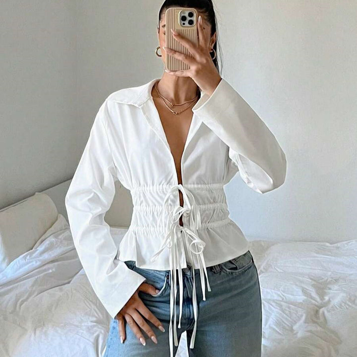 Dams zip-up blus med rynkning och långa ärmar Mirla-Eva Jonsson