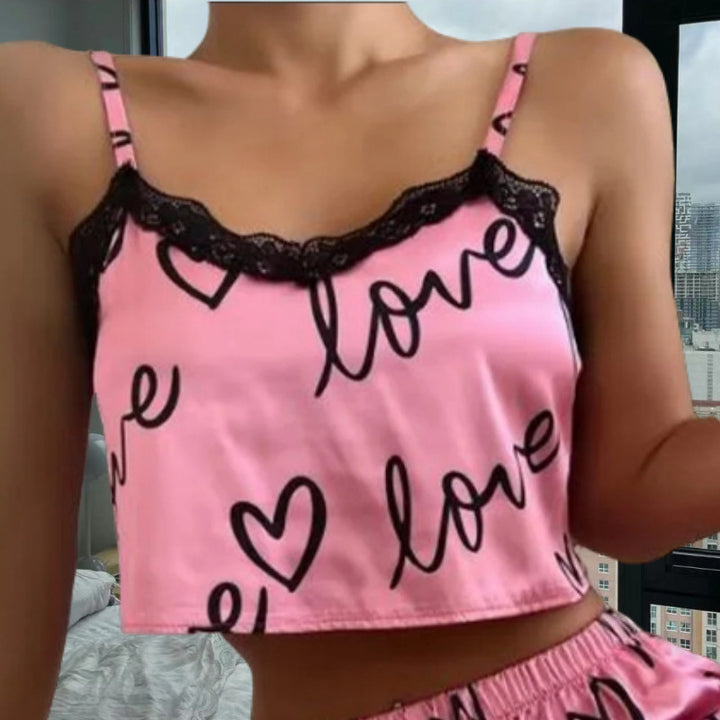 Damsatäng-Crop-Topp och shorts-set med hjärtan och spetsdetaljer Eva Jonsson-Eva Jonsson