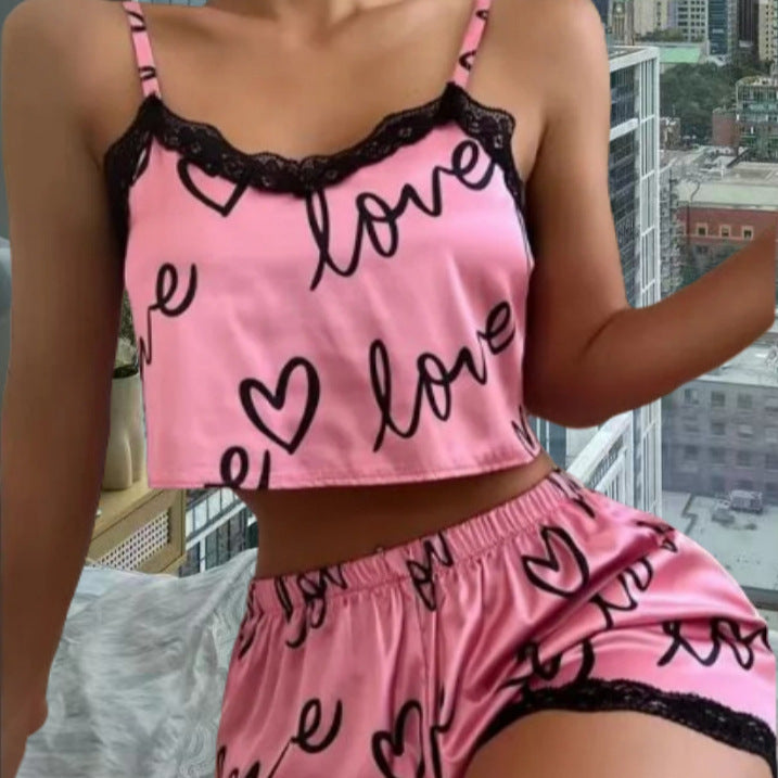 Damsatäng-Crop-Topp och shorts-set med hjärtan och spetsdetaljer Eva Jonsson-Eva Jonsson