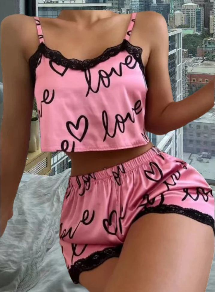 Damsatäng-Crop-Topp och shorts-set med hjärtan och spetsdetaljer Eva Jonsson-Eva Jonsson