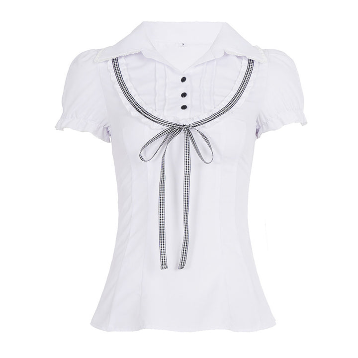 Damsblus med ruffle detaljer och kontrasterande krage Mirla-Eva Jonsson