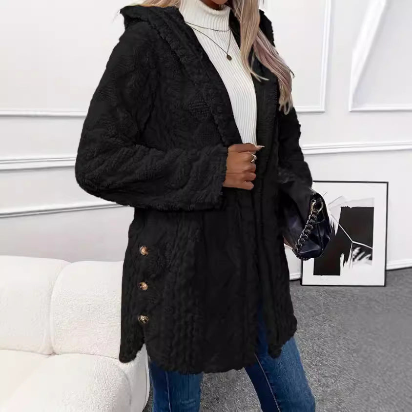 Damsen bekväm och elegant fleece-kappa med huva Eva Jonsson-Eva Jonsson