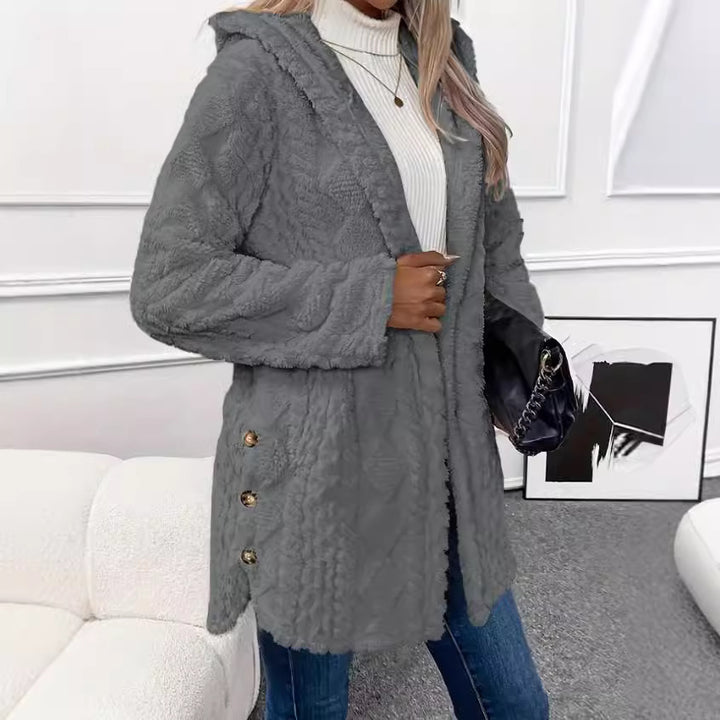 Damsen bekväm och elegant fleece-kappa med huva Eva Jonsson-Eva Jonsson