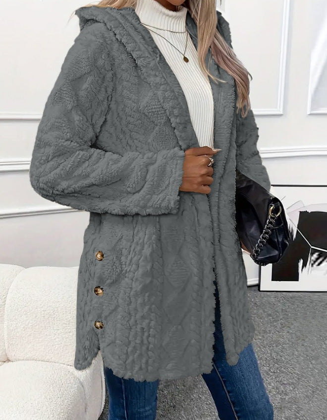 Damsen bekväm och elegant fleece-kappa med huva Eva Jonsson-Eva Jonsson
