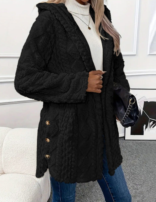 Damsen bekväm och elegant fleece-kappa med huva Eva Jonsson-Eva Jonsson
