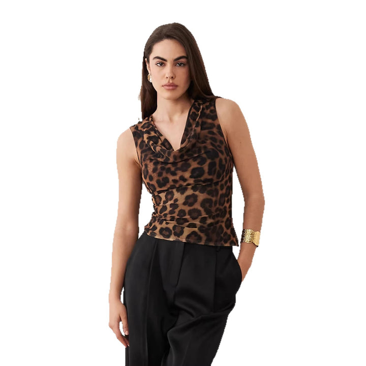 Damsk Cowl-Neck Top med leopardmönster och figurnära passform Mirla-Eva Jonsson