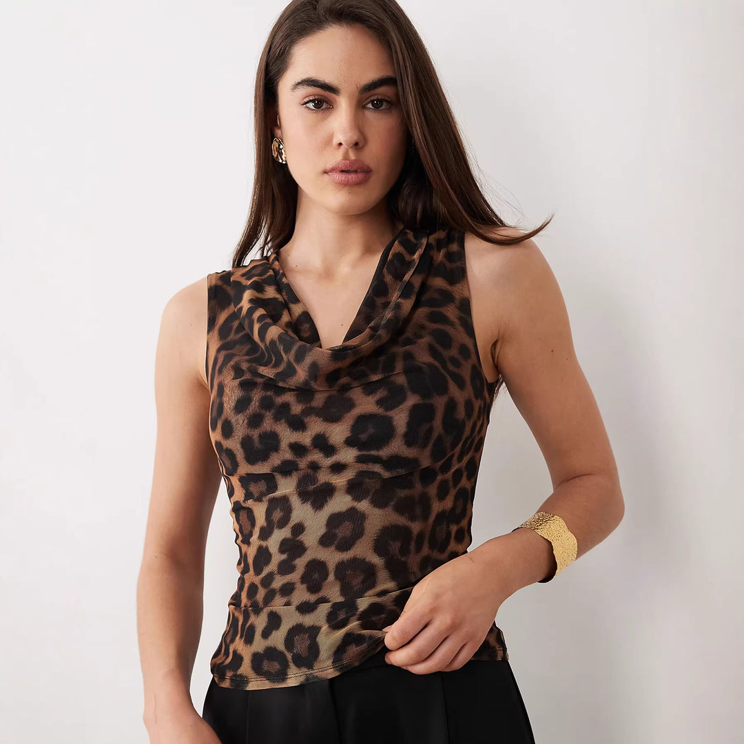 Damsk Cowl-Neck Top med leopardmönster och figurnära passform Mirla-Eva Jonsson