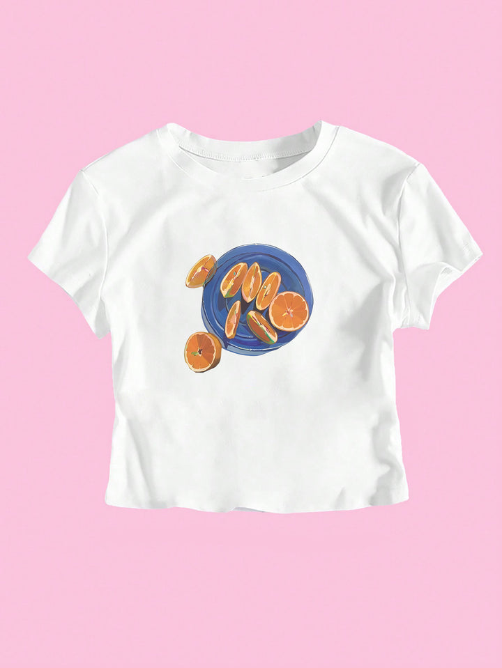Damsk Crop-T-shirt med fruktigt mönster och avslappnad passform Mirla-Eva Jonsson
