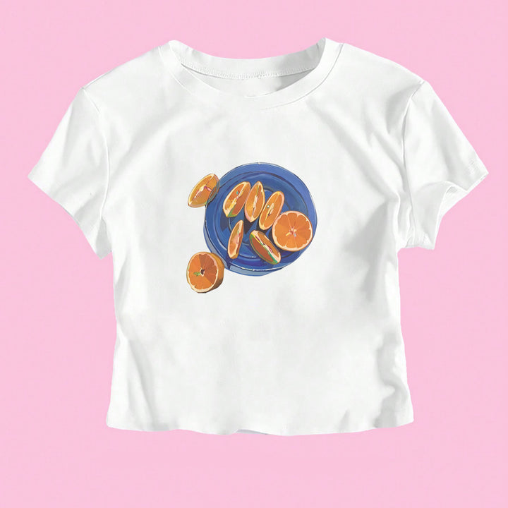 Damsk Crop-T-shirt med fruktigt mönster och avslappnad passform Mirla-Eva Jonsson