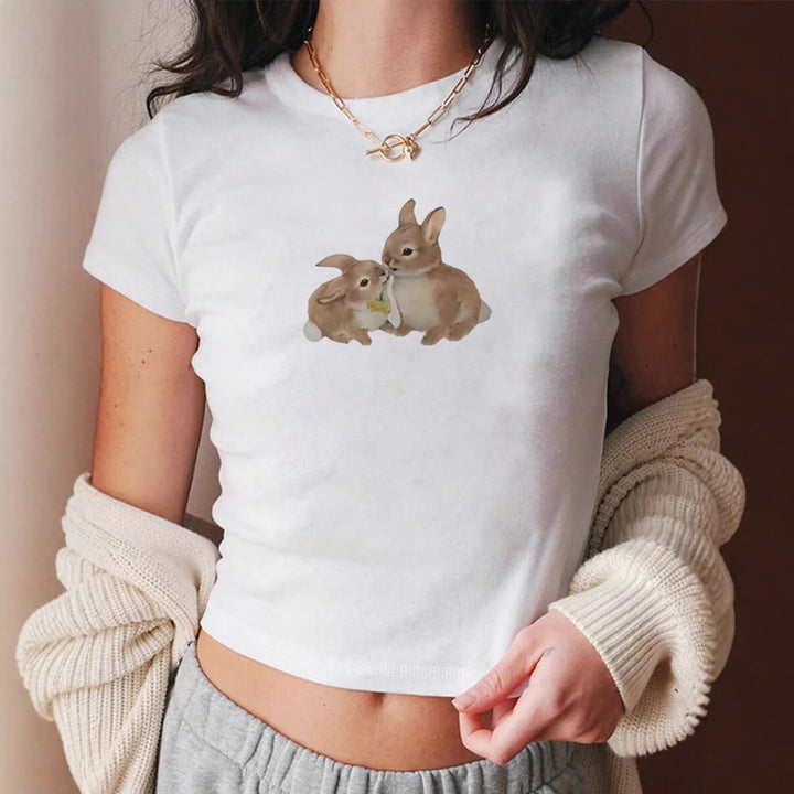 Damsk Crop-T-shirt med söt kaninmotiv Mirla-Eva Jonsson
