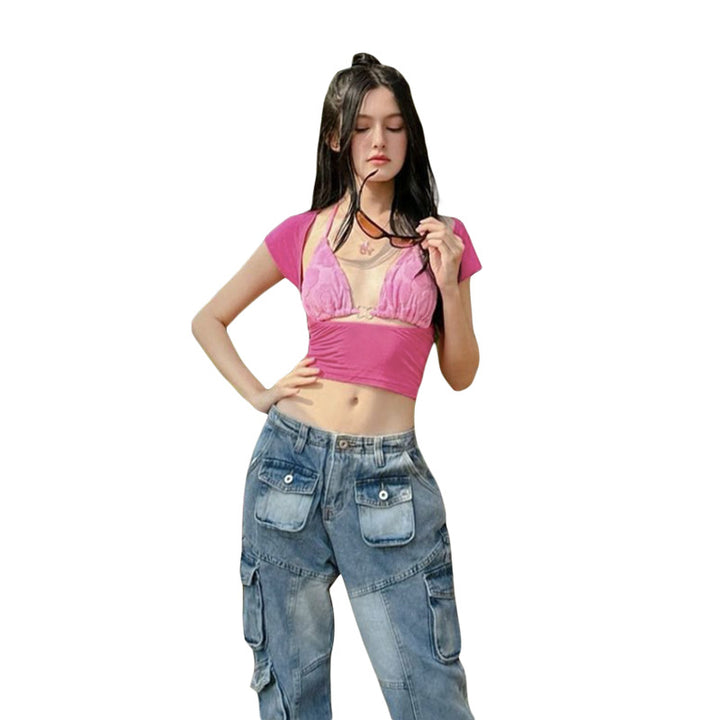 Damsk Crop Top med lekfull aquarell-design och justerbar halsringning Mirla-Eva Jonsson