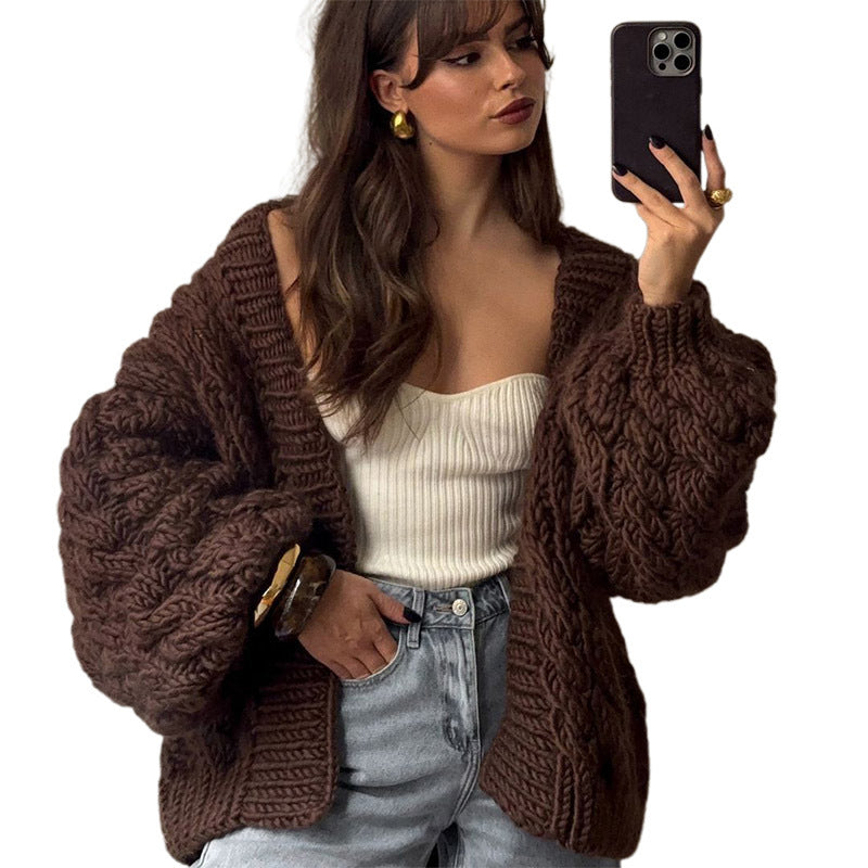 Damsk Grovstickad jacka med oversized skärning och eleganta flätmönster Mirla-Eva Jonsson