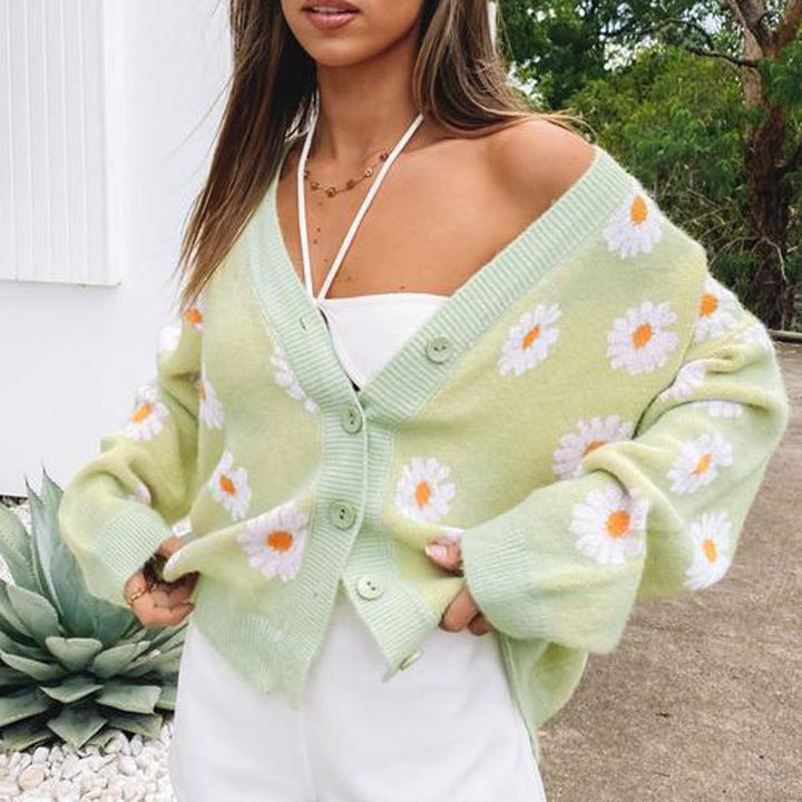 Damsk cardigan med blommönster och V-ringning Mirla-Eva Jonsson